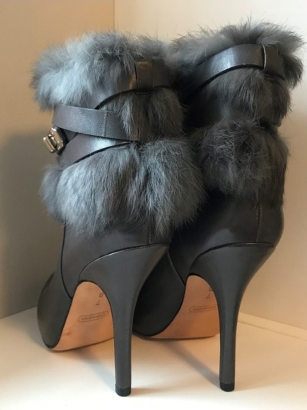 Coach Gray RABBIT Fur-Trim Leather High Heel Ankle Boots GREAT SHAPE